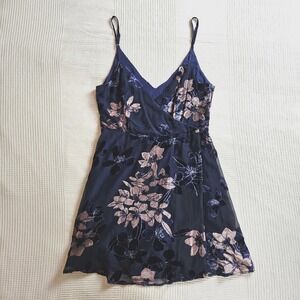 Lulus Navy Blue Velvet Floral Burnout Wrap 90s Whimsigoth Mini Dress Large